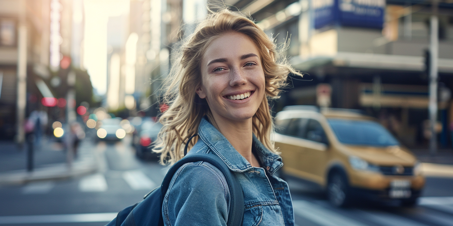 an image of a young woman happily walking outside