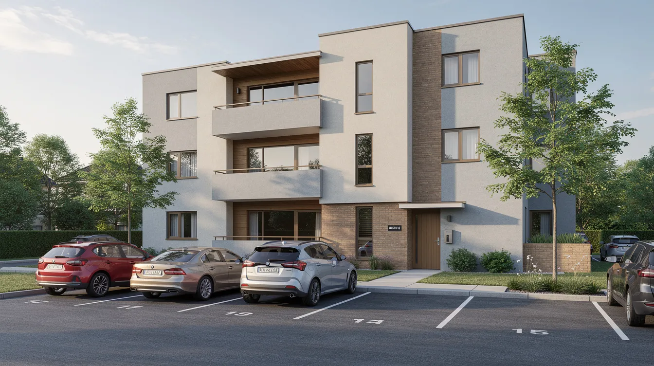 The image depicts a small apartment building exterior with a parking area, showcasing a typical residential rental property. This structure is relevant for real estate investors and property owners looking to maximize tax savings through strategies like cost segregation and depreciation deductions.