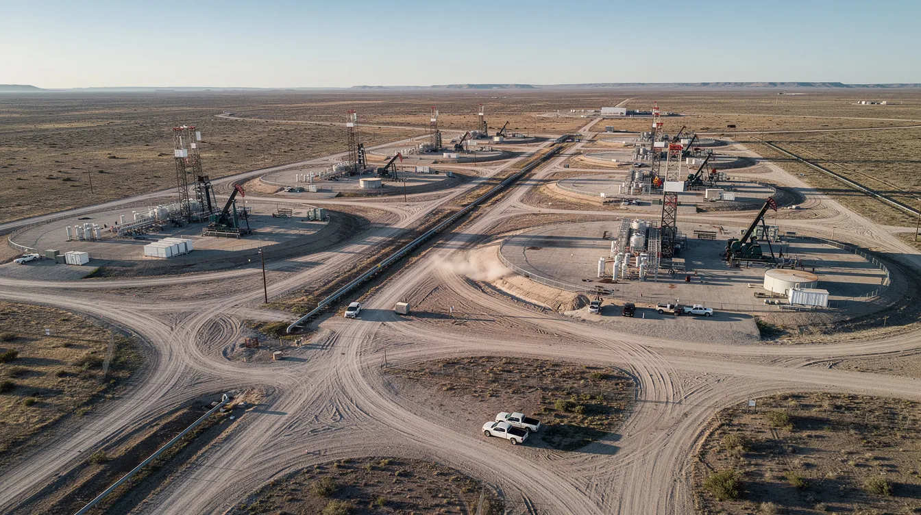 An aerial view showcases active oil and gas operations across open terrain, featuring well pads and access roads used for drilling and gas production. This scene highlights the extensive infrastructure involved in the oil and gas industry, which includes oil and gas leases and the management of mineral rights.