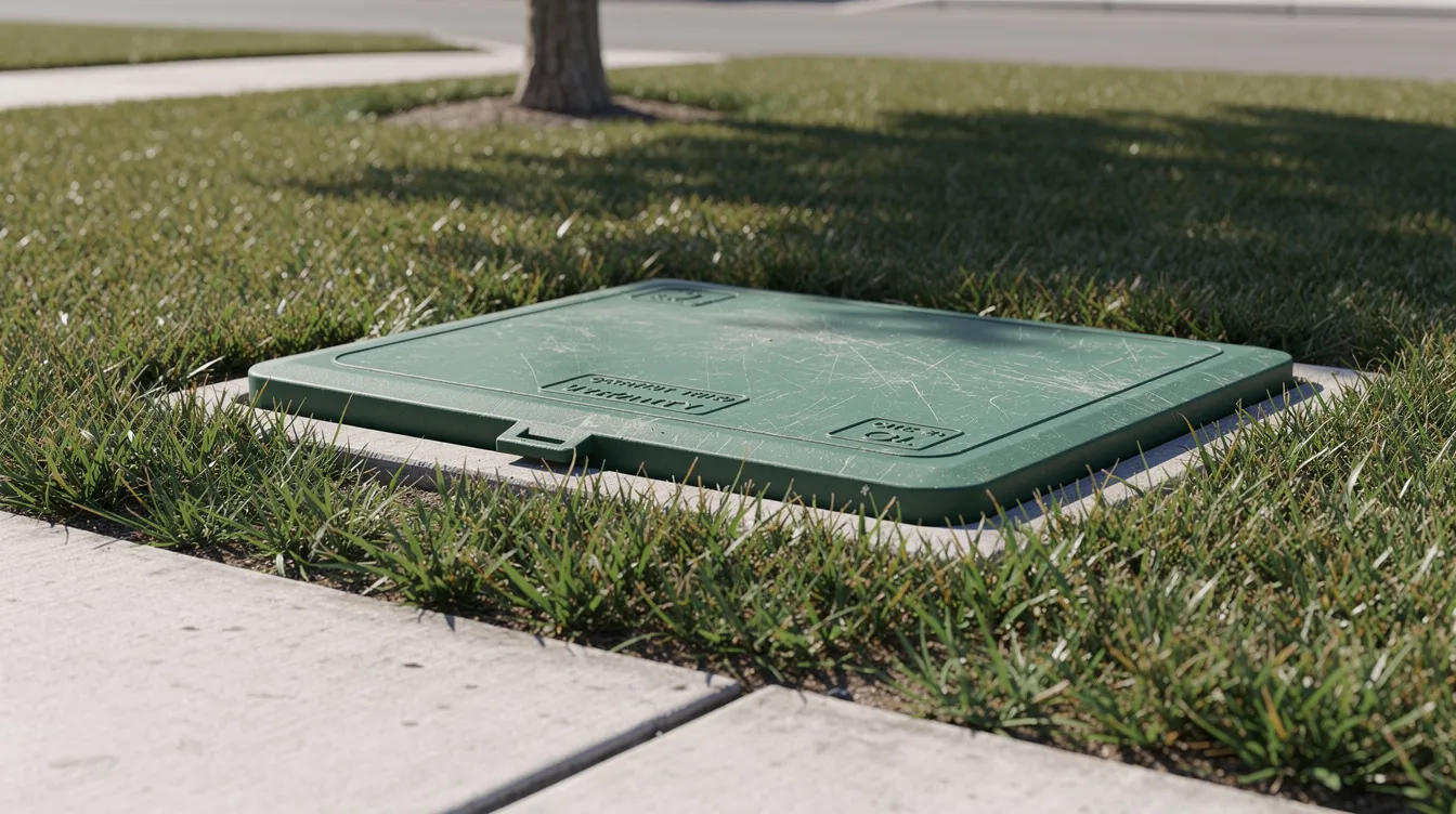 The image shows a residential water meter shutoff valve box installed in a front yard, positioned close to a sidewalk. This setup is essential for managing water flow and addressing plumbing emergencies, ensuring that homeowners in Phoenix can quickly access emergency plumbing services when needed.