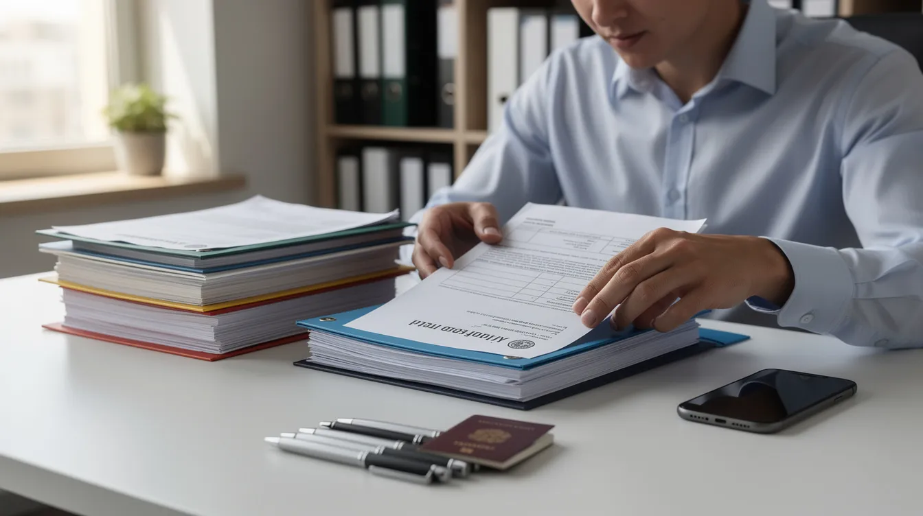 The image shows a person sitting at a desk, meticulously organizing various documents and paperwork, including folders and a passport, likely in preparation for an immigration process such as applying for an Irish visa or employment visa. The scene conveys a sense of diligence and focus, essential for navigating the visa application process.