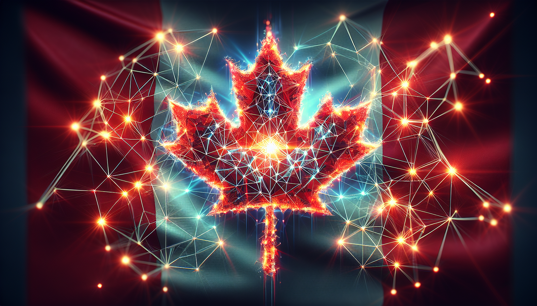 Artistic representation of Canadian flag merged with blockchain network