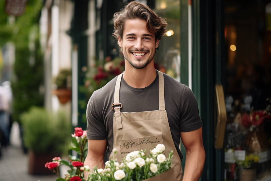 Male florist smiling with fresh flowers for surprise delivery, roses, business, customer service - Flower Guy