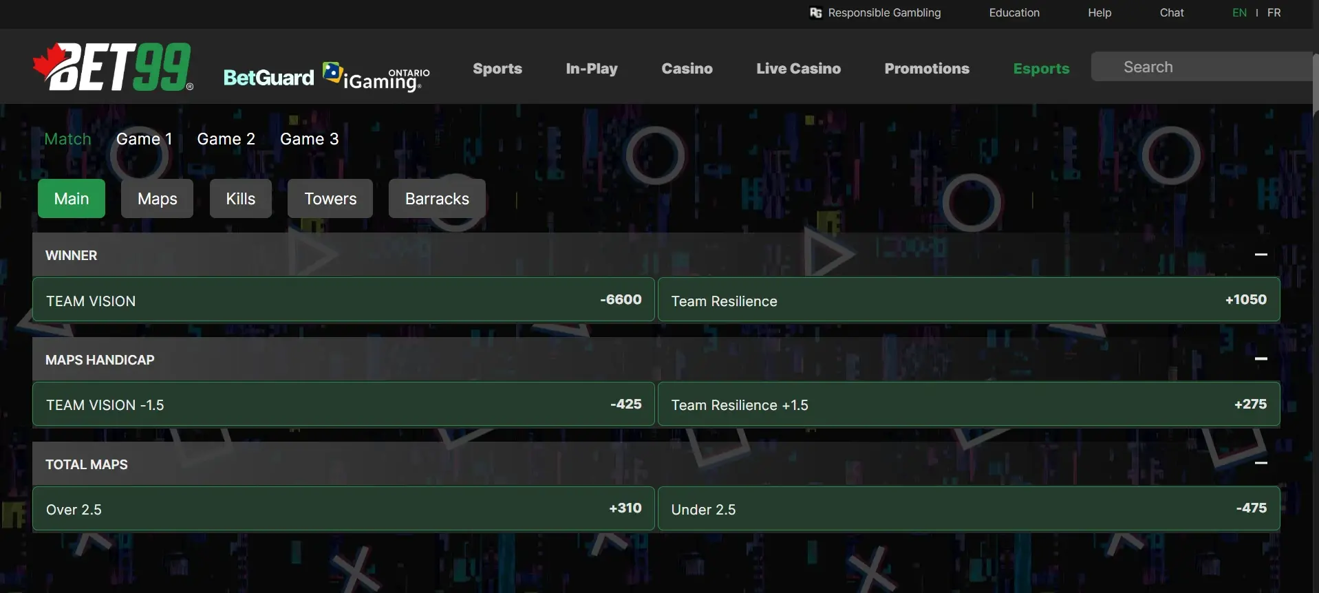 A desktop view screenshot of BET99's Dota 2 betting odds.