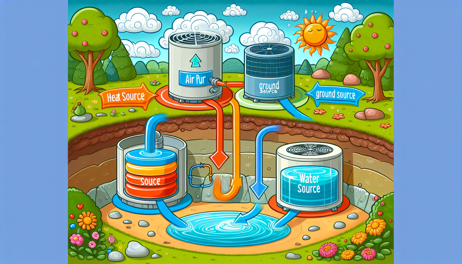 A cartoon representation of different types of heat pumps in action.