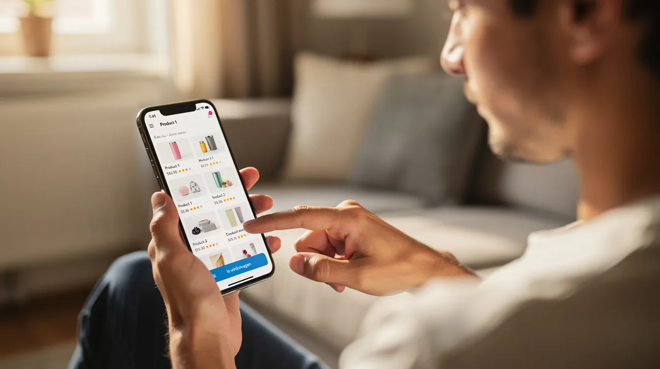 Een persoon scrolt op een smartphone en maakt keuzes tussen verschillende producten, wat inzicht geeft in het klantgedrag en de psychologische processen achter aankoopbeslissingen. De interactie met de opties kan emoties oproepen en het besluitvormingsproces beïnvloeden, waardoor de consument beter in staat is om weloverwogen keuzes te maken.