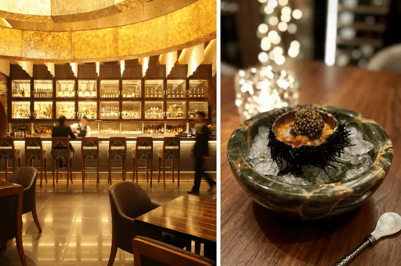 A split view featuring a luxurious golden-lit bar area on the left, and a close-up of a gourmet dish of sea urchin and caviar served in a shell on a bed of ice on the right.
