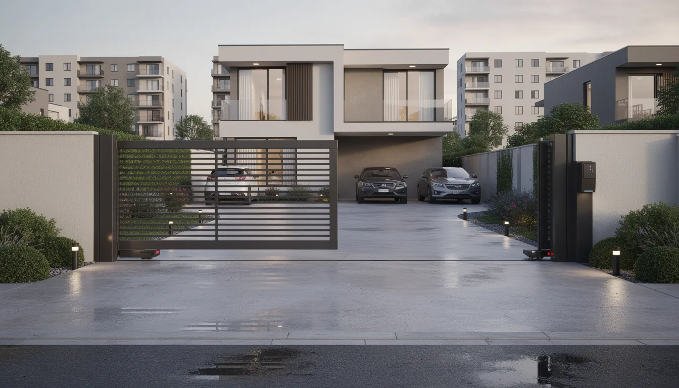 The image depicts a residential automatic gate opening to reveal a modern driveway in an urban setting, showcasing the convenience and security of automatic driveway gates. This installation enhances the property's security while providing efficient access control for both residential and commercial properties.