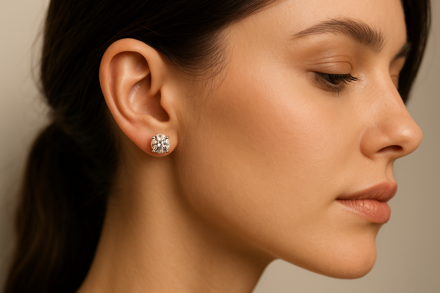 Stylish girl with white gold diamond stud earrings sparkling on the ear