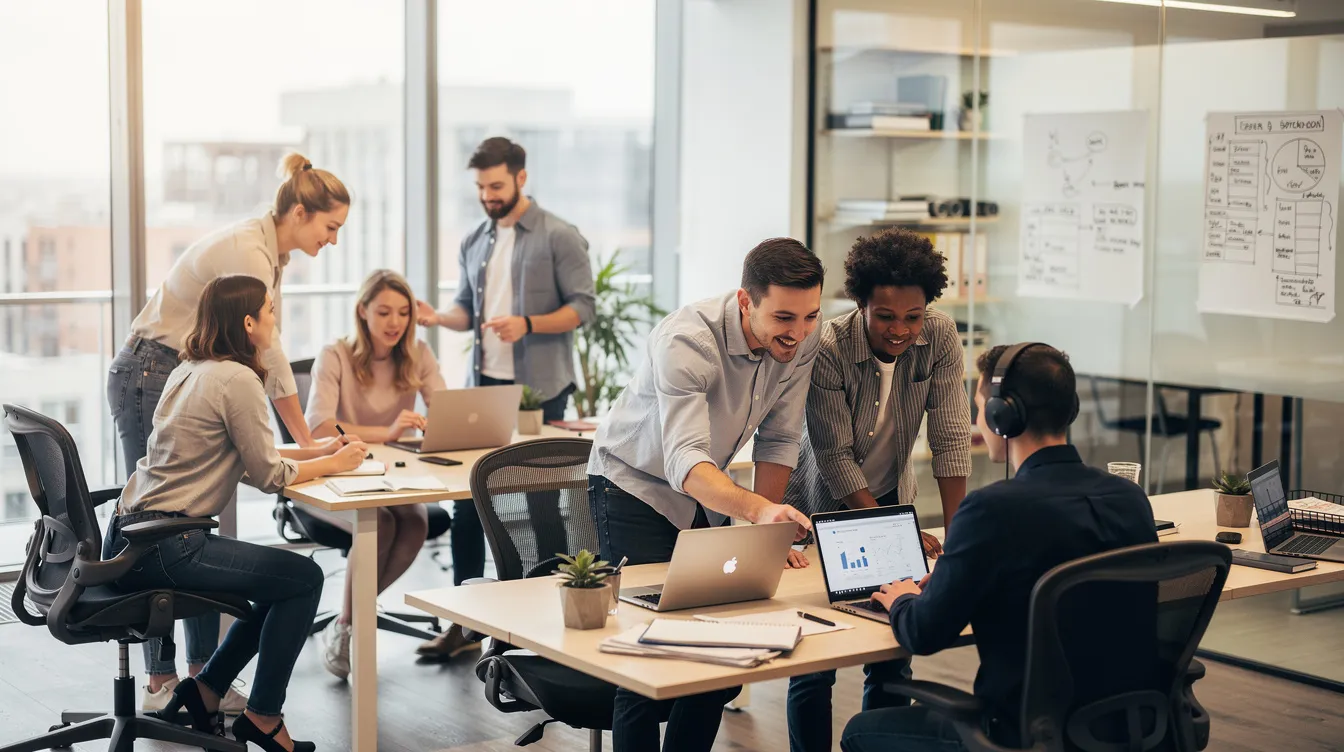 The image depicts a modern office workspace featuring several laptops and a group of people collaborating around a table. This scene represents a typical work environment where individuals engage in teamwork and communication, reflecting the average day in a professional setting.