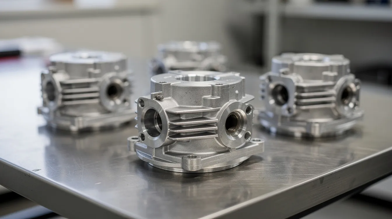 The image shows several aluminum die cast motor housings neatly arranged on a metal work table, showcasing the precision and quality typical of rapid prototyping services. These components are essential for various applications, including automotive parts and industrial equipment, highlighting the capabilities of advanced manufacturing technologies.