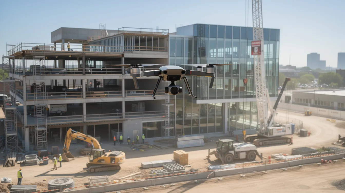 A drone hovers above a partially completed commercial building, capturing real-time data while construction workers and heavy equipment operate on the ground below. This scene highlights the integration of advanced safety technologies in the construction industry, emphasizing the importance of worker safety and site safety protocols at active job sites.