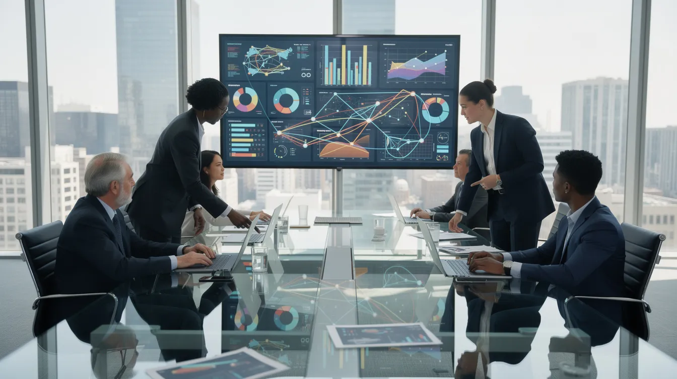 Un equipo diverso de profesionales colabora alrededor de una moderna mesa de reuniones, interactuando con pantallas digitales que muestran visualizaciones de datos interconectadas que ponen de relieve su estrategia de ecosistema de marca. Esta escena destaca la importancia de la creación de valor compartido y del valor del ciclo de vida del cliente a la hora de construir una experiencia de marca cohesionada mediante estrategias y alianzas eficaces de « marketing ».