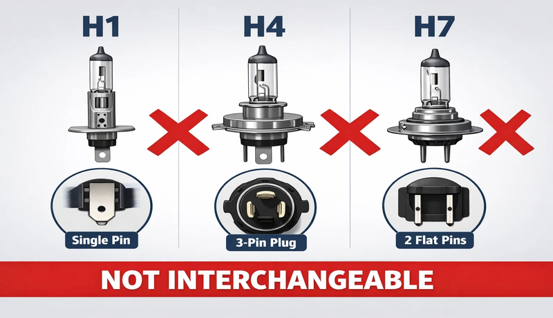 H1, H4, H7 bulb base and connector comparison showing non-interchangeable design