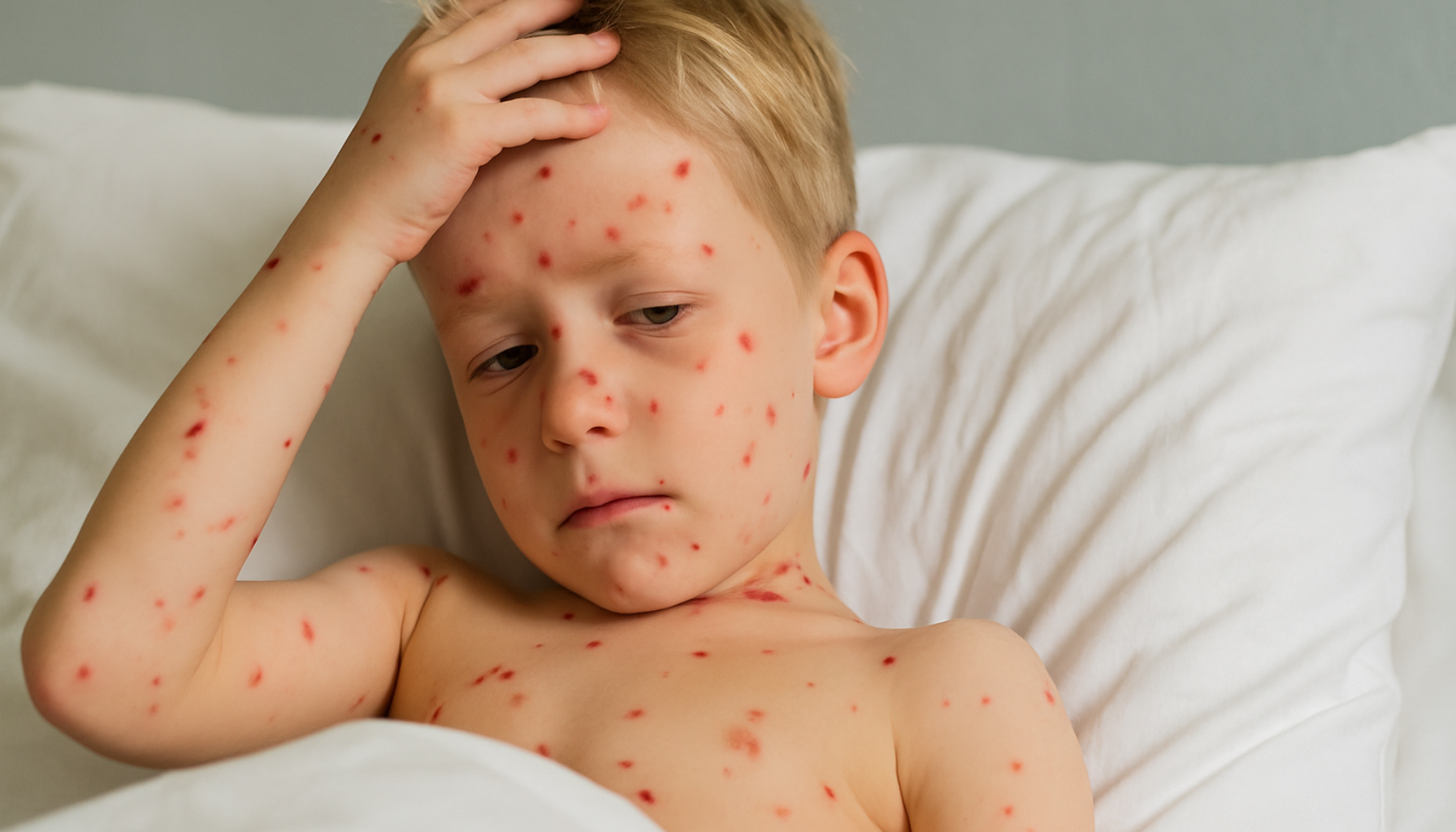 En liten gutt ligger i sengen med mange røde prikker på kroppen og pannen, tydelige symptomer på vannkopper. vannkopper herpes zoster hatt vannkopper varicella zoster virus varicella zoster personer med nedsatt immunforsvar hos barn nedsatt immunforsvar varicella vannkopper zoster virus vzv dager før utslettet får vannkopper 2 dager før utslettet dager vanligvis 14 16 vanligvis 14 16 dager 21 dager vanligvis 14 sjeldne tilfeller antiviral behandling hos voksne senere i livet svekket immunforsvar alvorlig forløp sykdom hos nyfødte barnet barn under innen 72 timer mer alvorlig 1 2 dager 5 dager økt risiko hos personer varicella lett feber barn hos eldre 7 dager hos bør behandling sykdommen personer får utslett voksne smitte utslettet alvorlig feber gravide lege infeksjon smittet sykdom barnet symptomer dersom andre nyfødte kontakt mor risiko 1 2 gis viruset svangerskapet tidligere komplikasjoner innen fleste anbefales helvetesild vaksine utbrudd gir fødsel svært første kvinner finnes immunsupprimerte