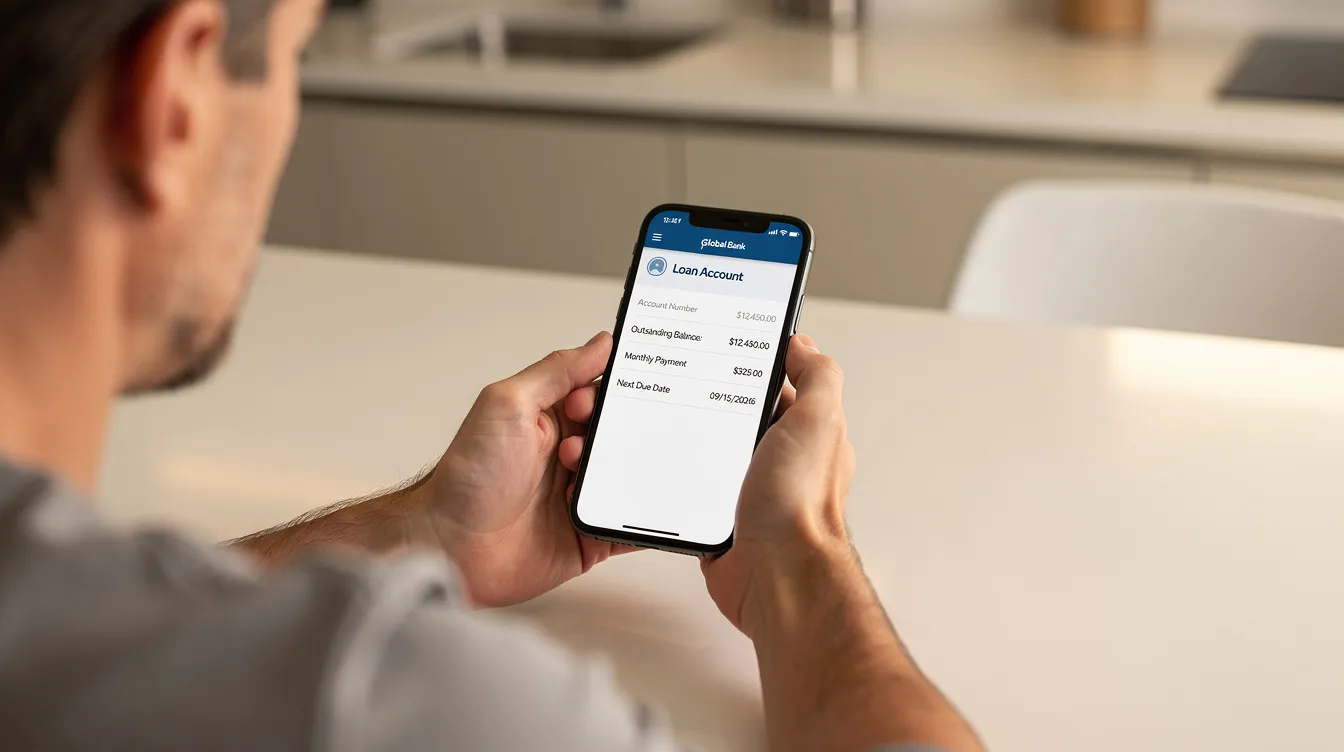 51ac6096 71b1 41ba 8c2d 840b0001b427 A person is holding a smartphone displaying a banking app that shows their loan account details, including information about their mudra loans and eligibility criteria. The screen highlights the loan amount and required documents for financial assistance, indicating the user's engagement with the mudra scheme for their business.
