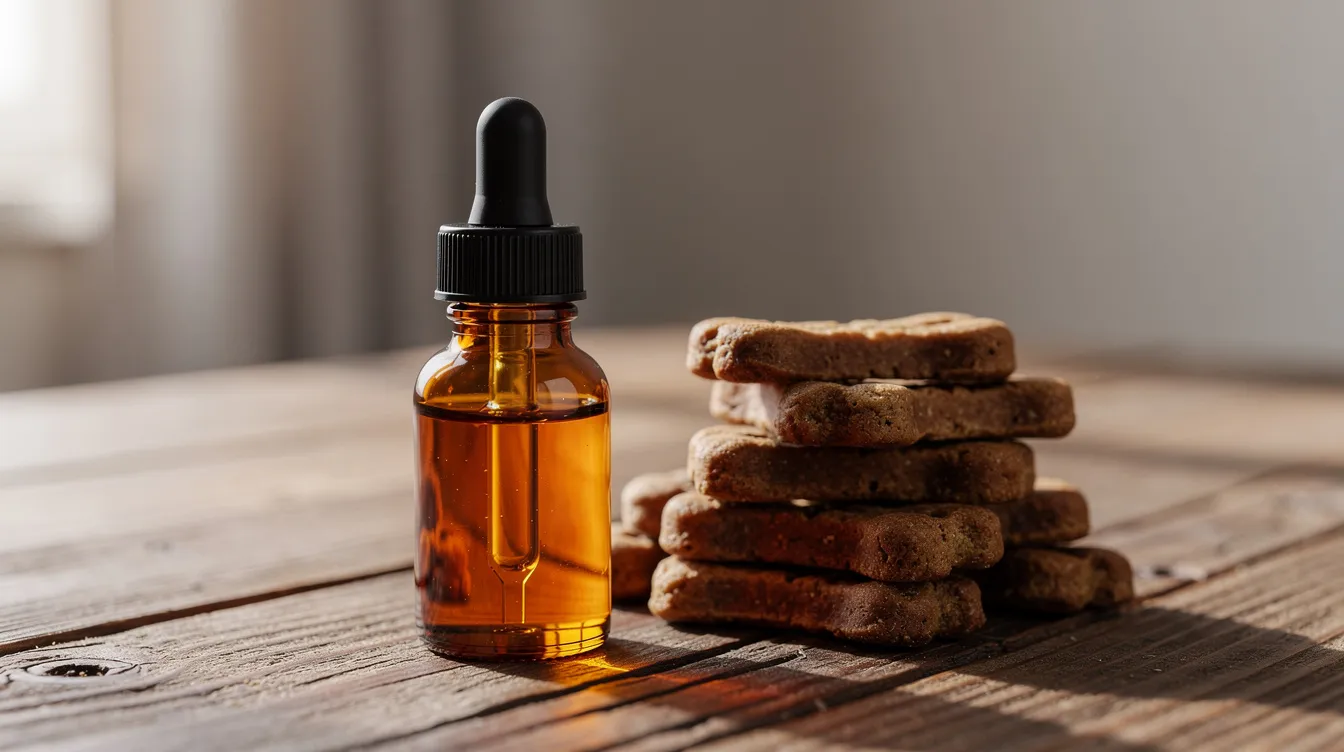 The image shows a glass dropper bottle filled with amber liquid, likely CBD oil, placed next to an assortment of dog treats on a wooden table. This setup suggests a focus on dog wellness, highlighting the potential benefits of CBD for dogs, including its use for joint pain and stress relief.
