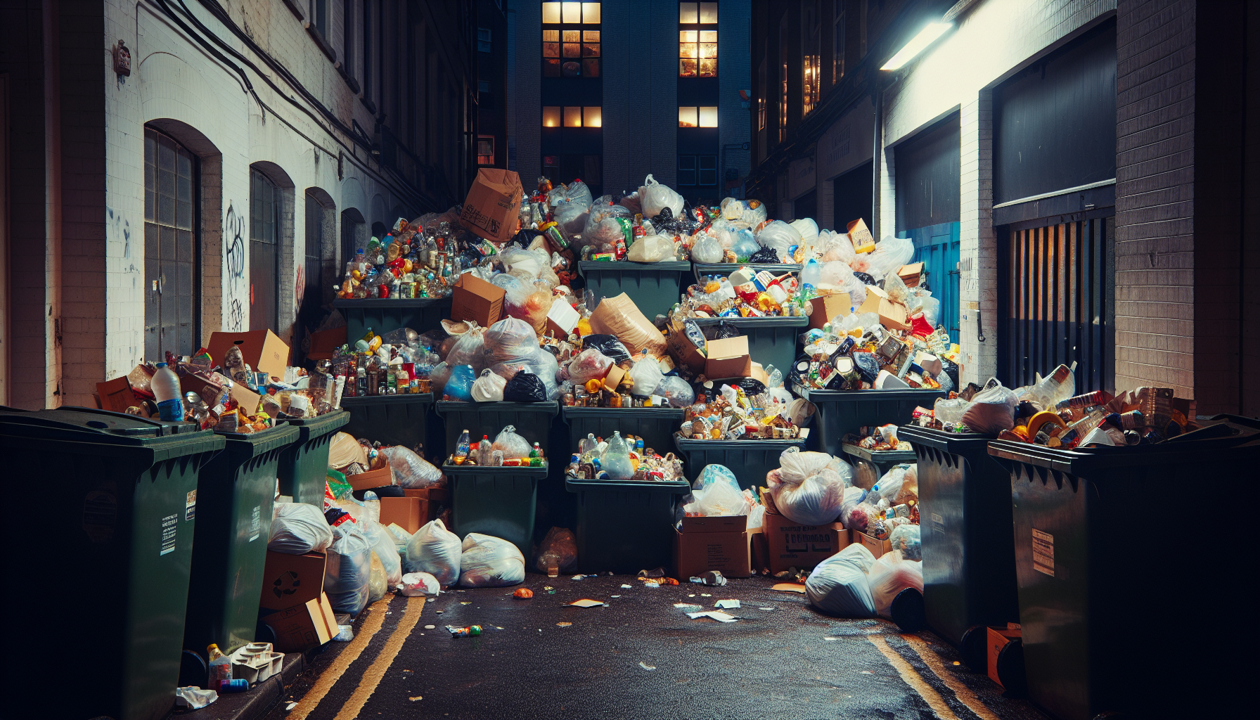 Bins filled with discarded food and recyclable items