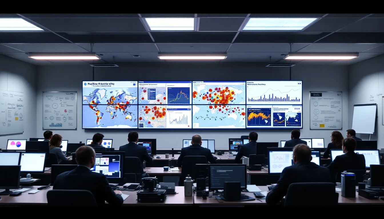 The image depicts a public health surveillance center with multiple screens showcasing disease tracking maps and outbreak analysis data. This environment highlights the use of data analytics in healthcare, where healthcare professionals analyze patient data and identify trends to improve patient outcomes and manage population health effectively.