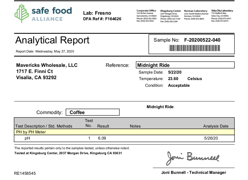 Analytical Report for Mavericks Midnight Ride Low Acid Coffee Blend