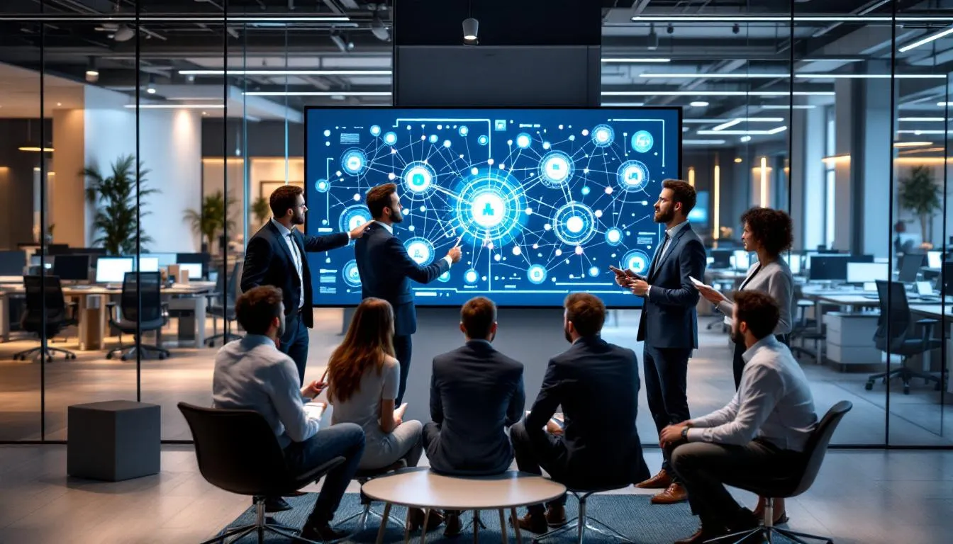 In a modern office environment, a diverse group of professionals collaborates around a large digital display, which showcases intricate data visualizations and network diagrams. This scene highlights the importance of effective data management and metadata management tools in facilitating teamwork and data analysis among data scientists, engineers, and business users.