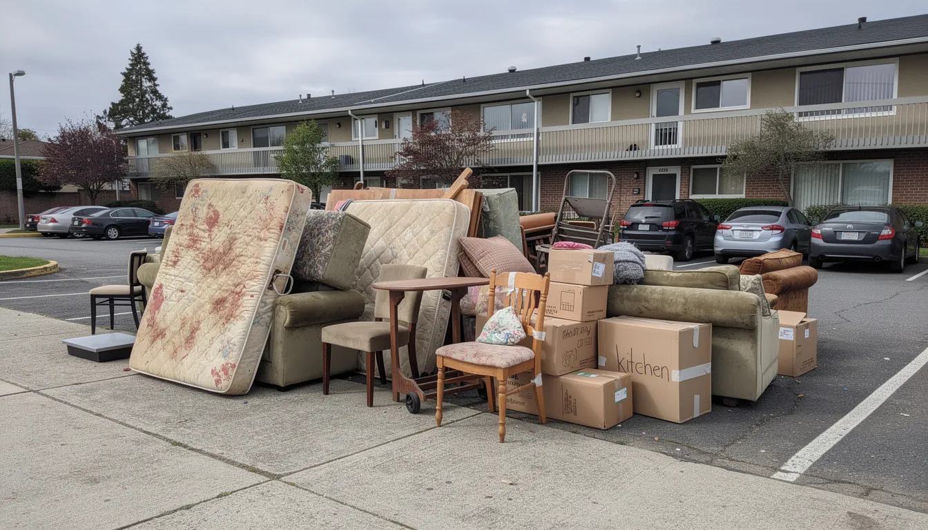 A pile of unwanted furniture, mattresses, and cardboard boxes is staged for removal in a parking area, indicating an apartment cleanout process. This scene reflects the efforts of property managers and tenants preparing for a hassle-free move out, emphasizing the importance of efficient junk removal and eco-friendly disposal.