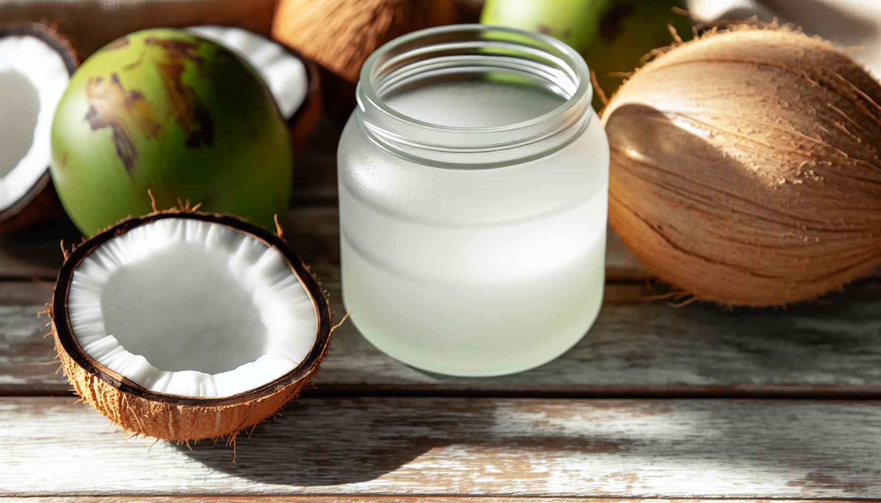A jar of organic coconut oil surrounded by fresh coconuts