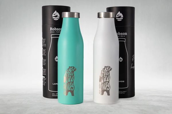 Photo of stainless steel promotional water bottle for Skibig3 brand white and turquoise color