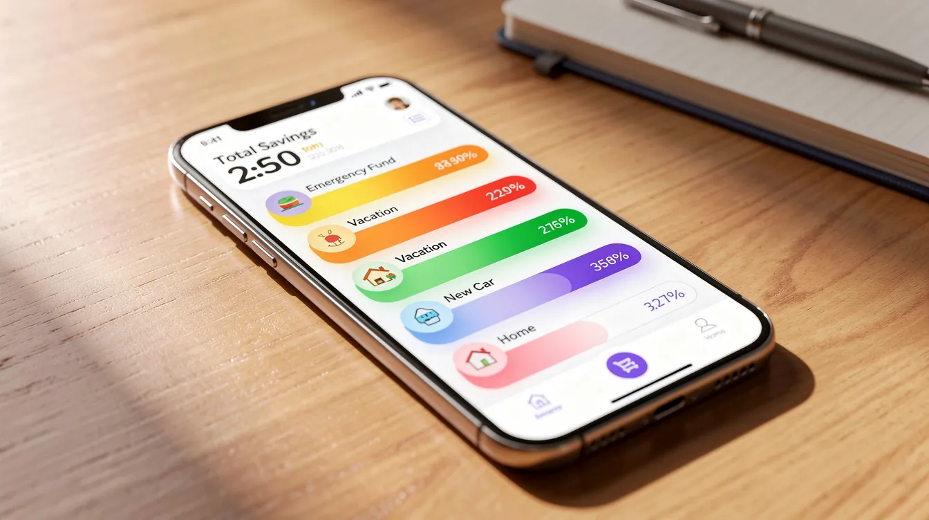 The image depicts a smartphone resting on a desk, displaying a vibrant savings goals dashboard filled with colorful progress bars, illustrating different savings accounts and their respective achievements. This visual highlights the potential of high yield savings accounts for effective personal finance management.