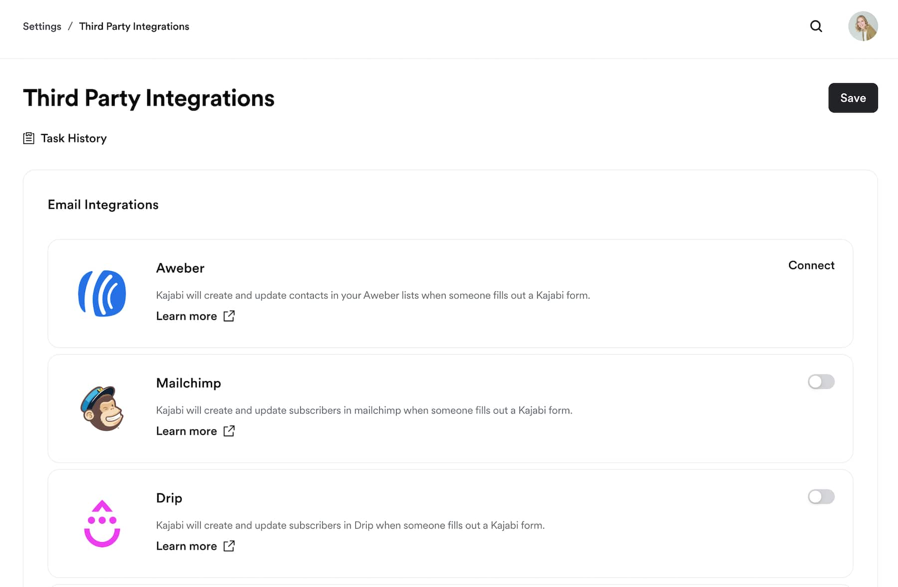 Third party integrations connection page