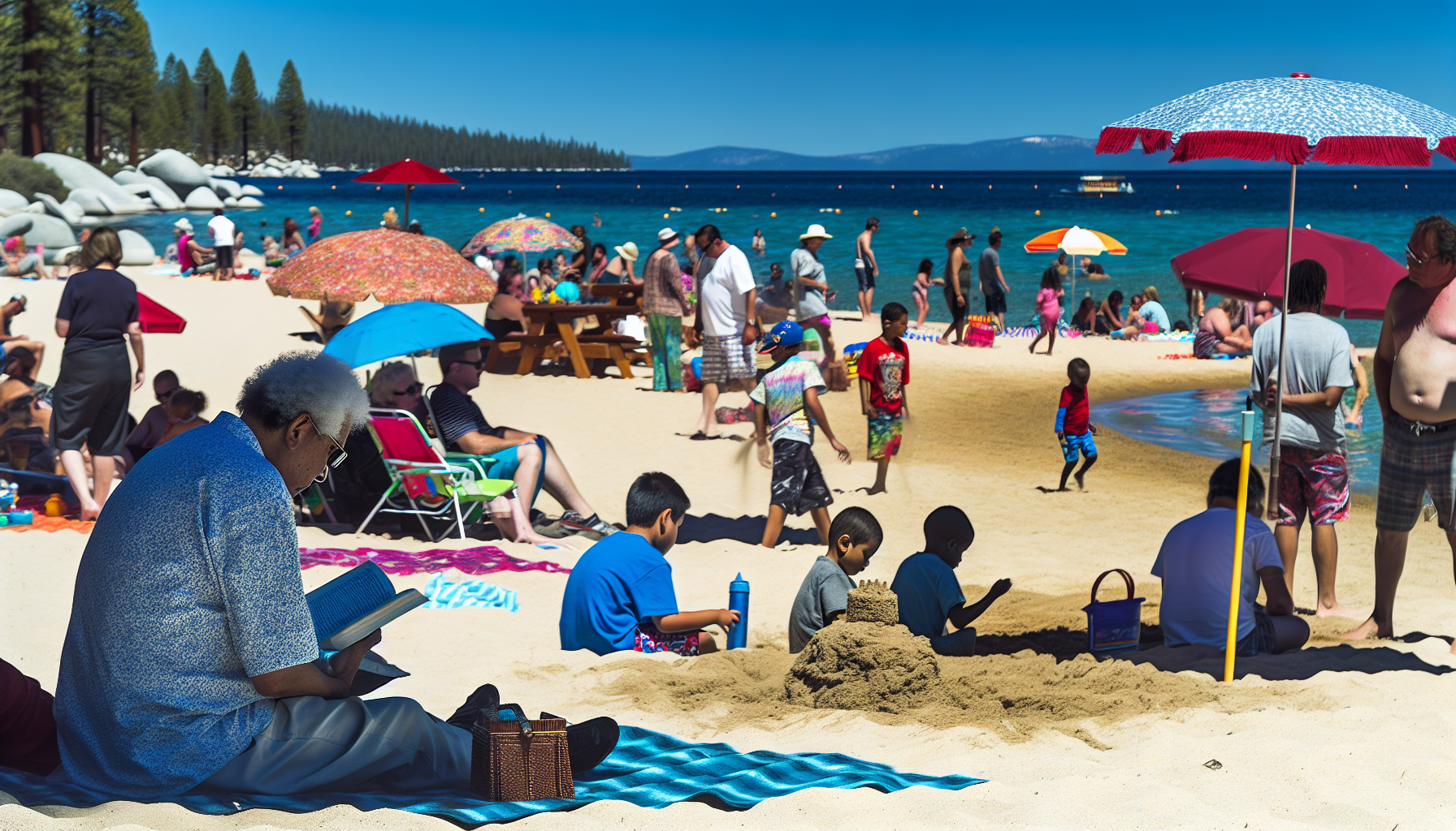 People enjoying the sunny beach at Lake Tahoe