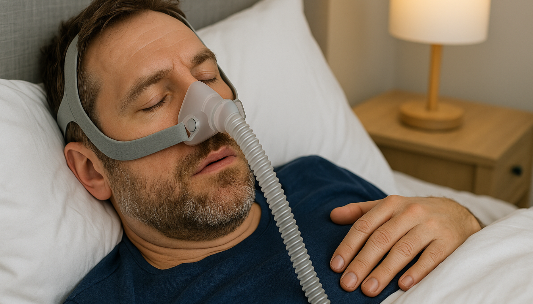 Mann ligger avslappet i sengen med CPAP-maske og nattbordslampe i bakgrunnen.