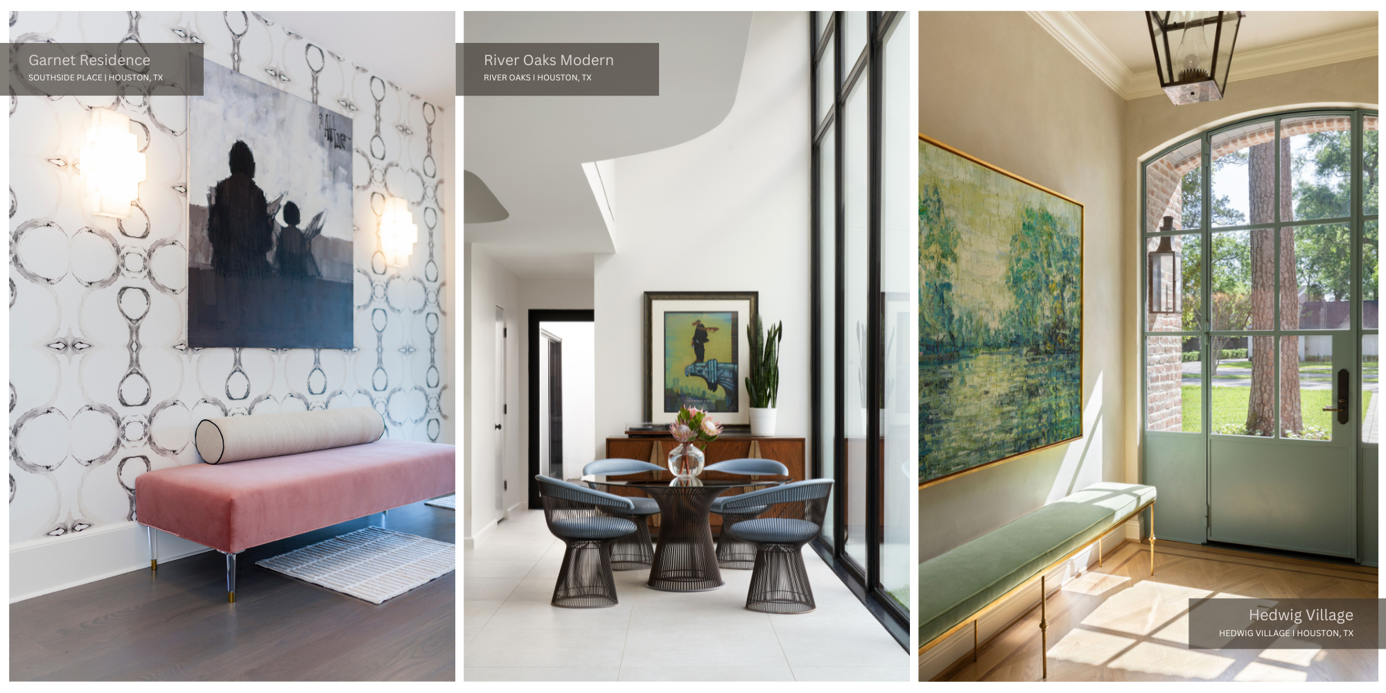 Artwork in the hallway of our Garnet Residence, the breakfast room of our River Oaks Modern project, and the foyer of our Hedwig Village project.