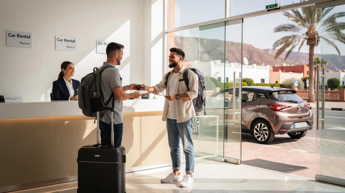 A traveler is at a modern car rental office in Morocco, preparing to pick up their rental car while managing their luggage. The scene captures the essence of the car rental business, highlighting the professionalism and efficiency of the rental operations.