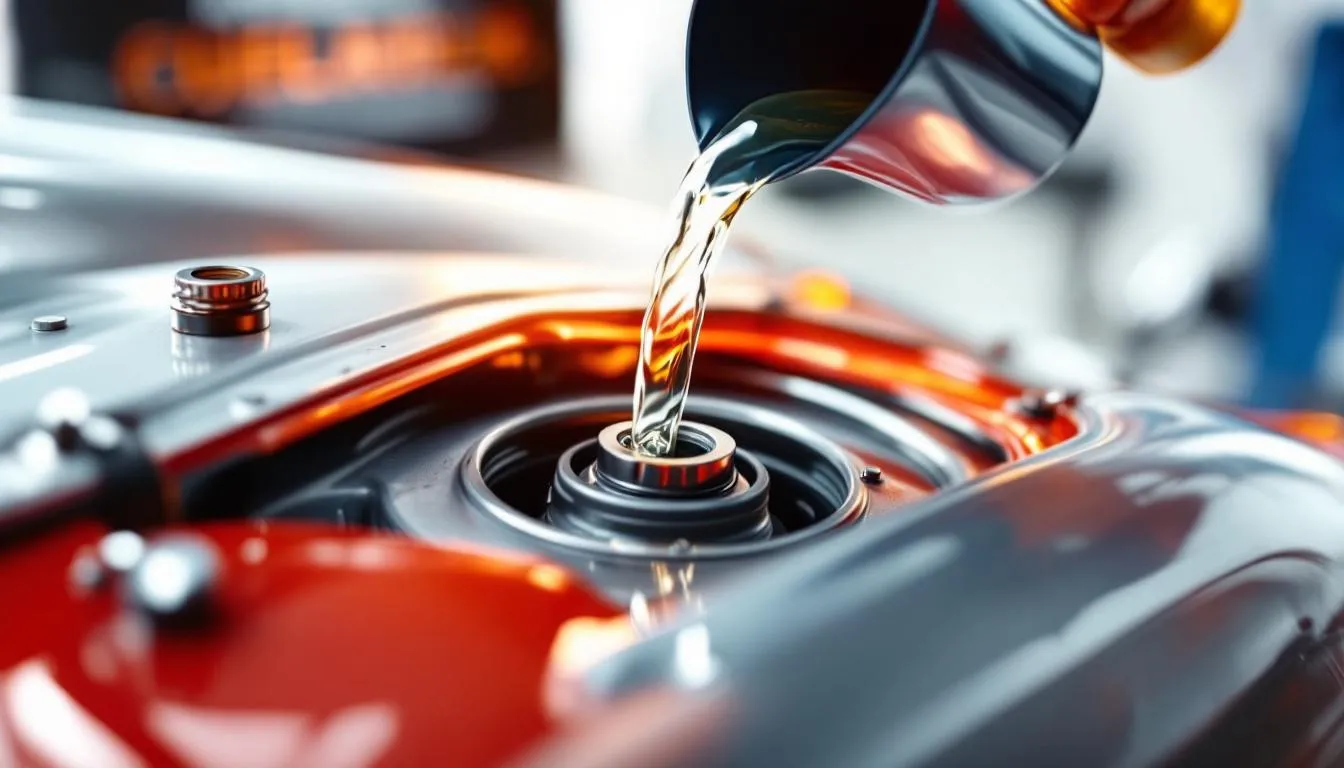 A classic car's gas tank being filled and treated with a fuel stabilizer for long-term storage.
