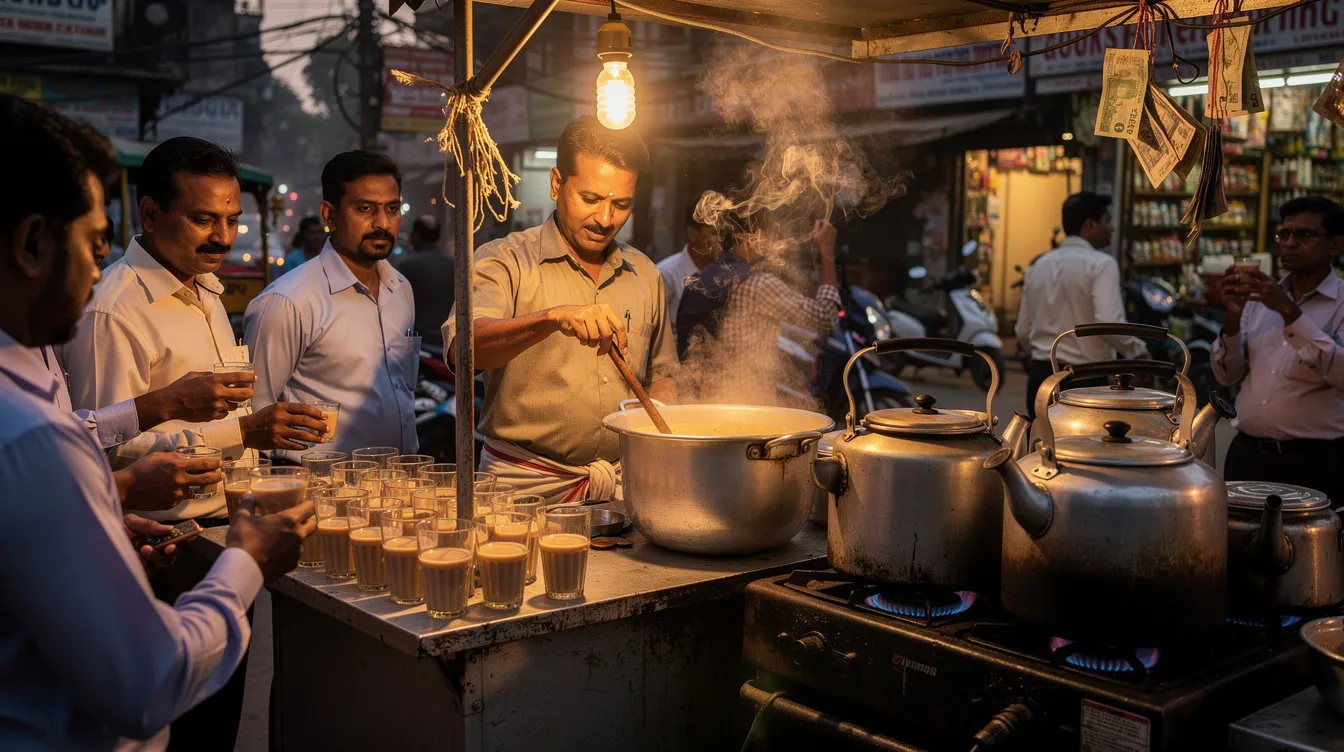 51bc487e 2374 4b6e ae63 ff85c305cb85 The image depicts a bustling Indian tea stall where large pots of milky tea are being prepared and served to eager customers. The scene captures the essence of hot beverages being enjoyed, with the aroma of fresh milk and dairy products filling the air, highlighting the importance of milk powder and its role in tea consumption.