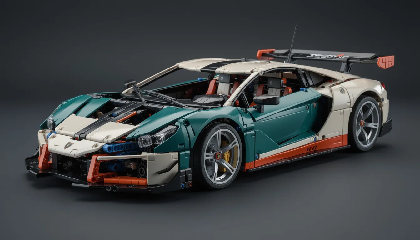Das Bild zeigt ein detailgetreues LEGO Technic Modell eines Supersportwagens, das mit vielen beweglichen Teilen und realistischen Details ausgestattet ist. Dieses Modell ist ein ideales Geschenk für Autoliebhaber und Autofans, die Freude an kreativen Bauprojekten haben.