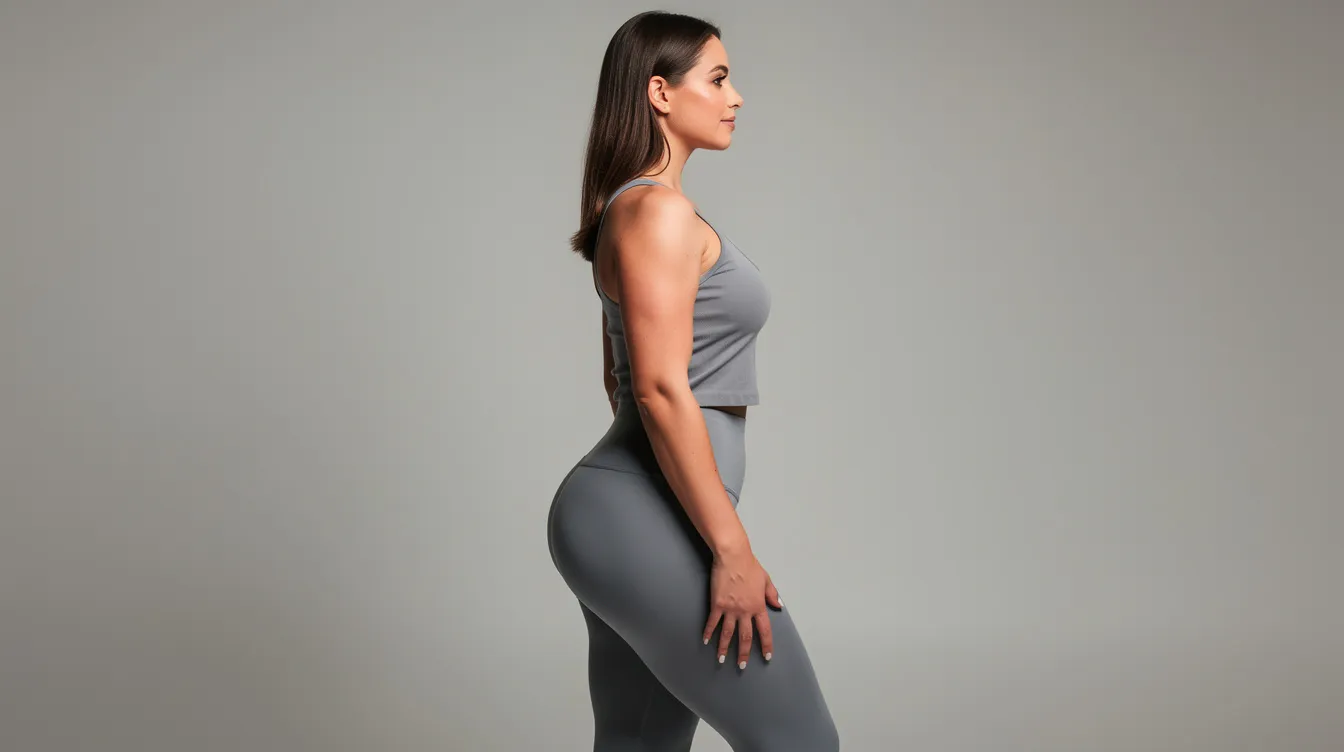 A confident woman stands in profile, showcasing her natural curves and hourglass shape. The image highlights her defined waistline and flatter stomach, reflecting the positive results often sought after through procedures like a tummy tuck or abdominoplasty.