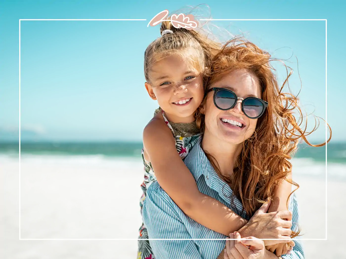 Mother and daughter enjoying a sunny day at the beach, fabulous flowers and gifts