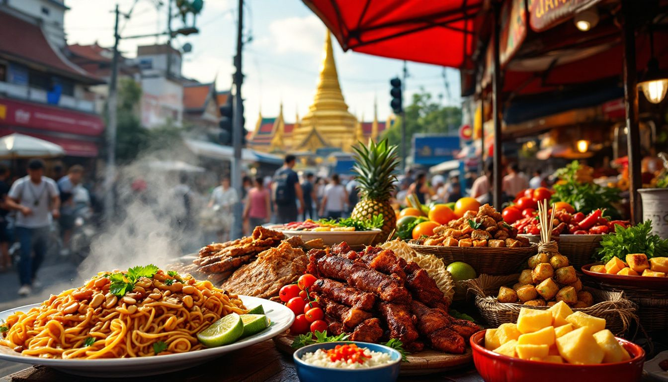 A variety of delicious Thai food displayed at a street market.