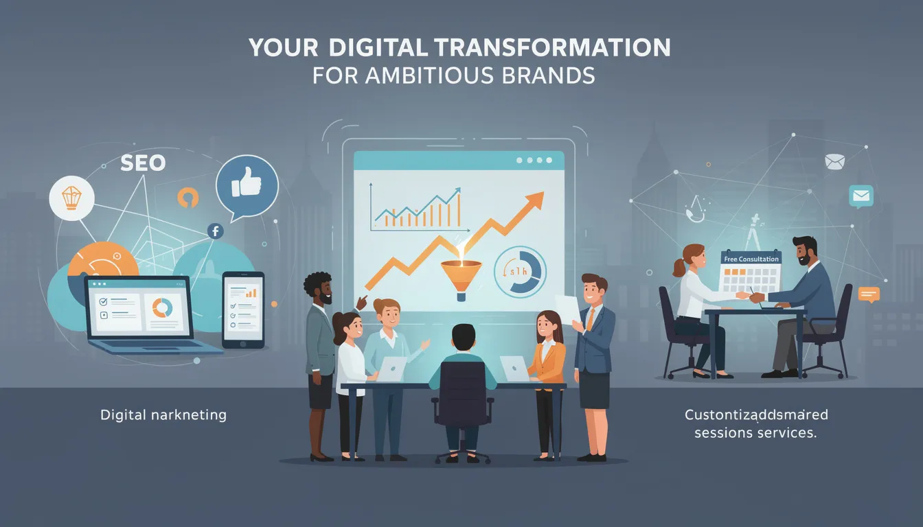 The image illustrates the concept of digital transformation, showcasing a diverse team of professionals collaborating in a modern office setting, surrounded by digital devices and screens displaying graphs and data analytics. This visual represents the importance of digital marketing services and strategies in driving growth and improving business performance for ambitious brands.