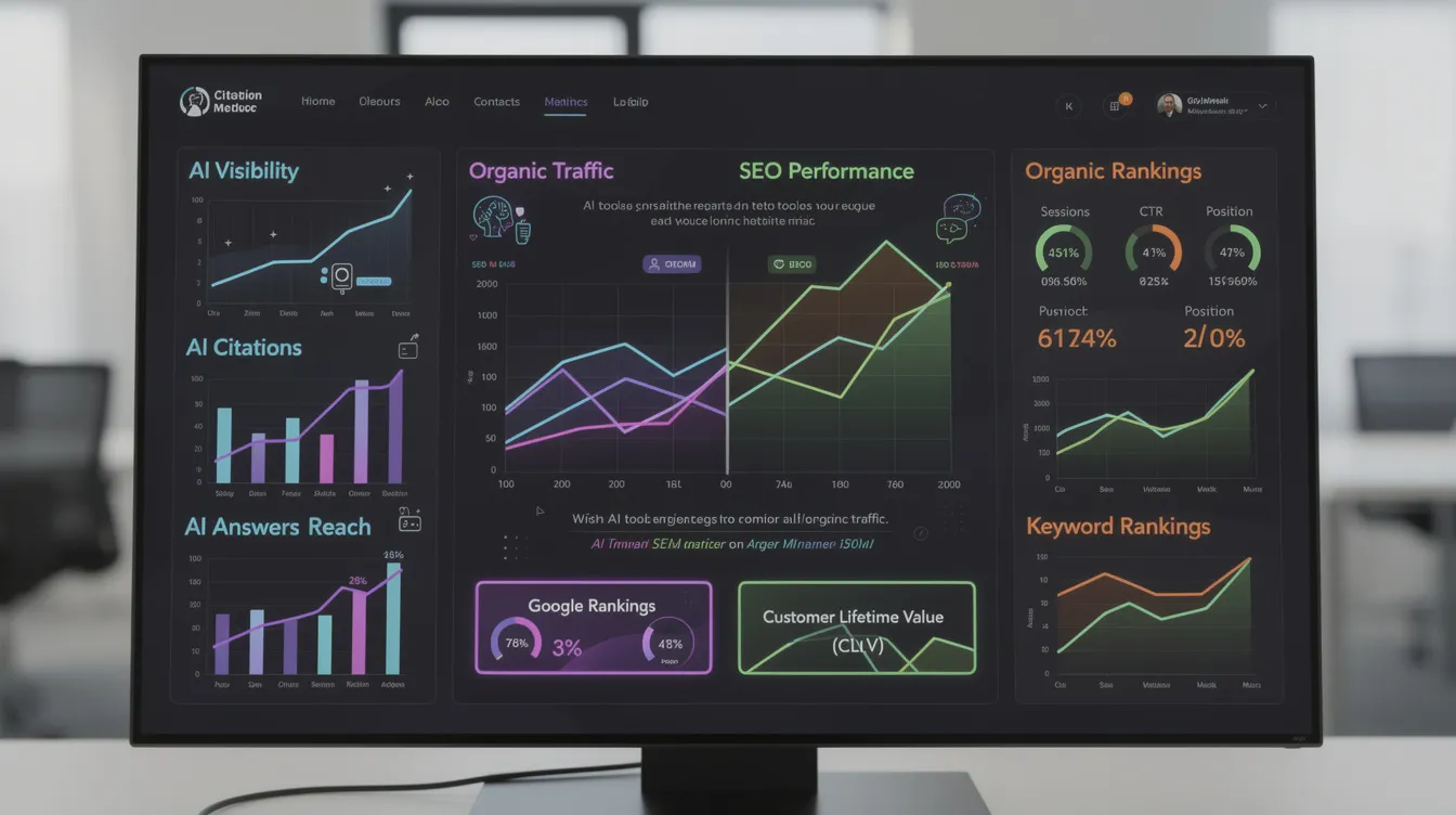 The image displays a dashboard that contrasts AI citation metrics with traditional organic traffic metrics, emphasizing the role of AI tools in enhancing search engine optimization and website traffic. It features visual data on AI visibility, traditional SEO efforts, and their effects on Google rankings and customer lifetime value.