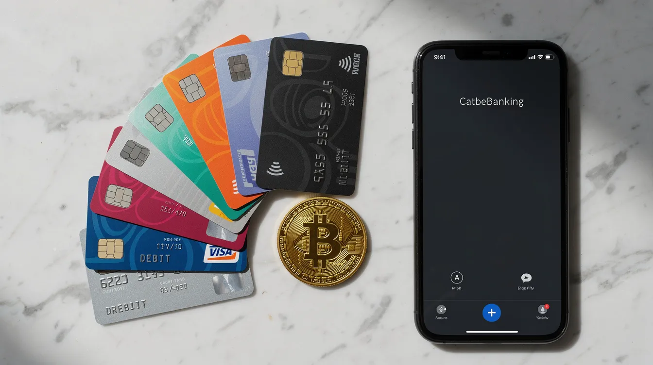 The image features a variety of payment cards arranged in a fan shape next to a smartphone and a shiny gold Bitcoin coin, all placed on a sleek marble surface. This setup suggests a modern approach to online gambling, highlighting secure payment methods commonly used at non gamstop casinos.