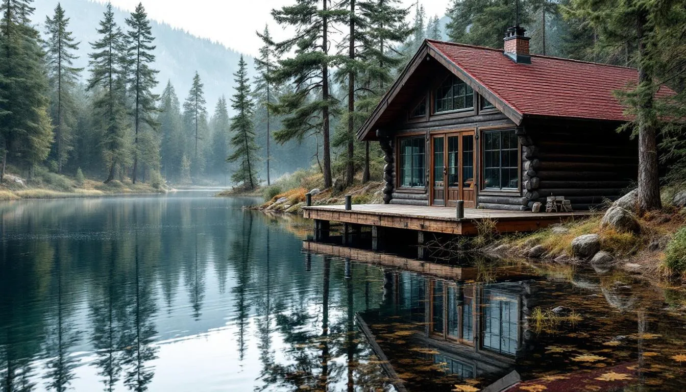 A serene house sits by the edge of a tranquil lake, surrounded by lush greenery, reflecting the peacefulness of nature. This picturesque setting could be ideal for short term rental properties, offering potential rental income and tax benefits to property owners.