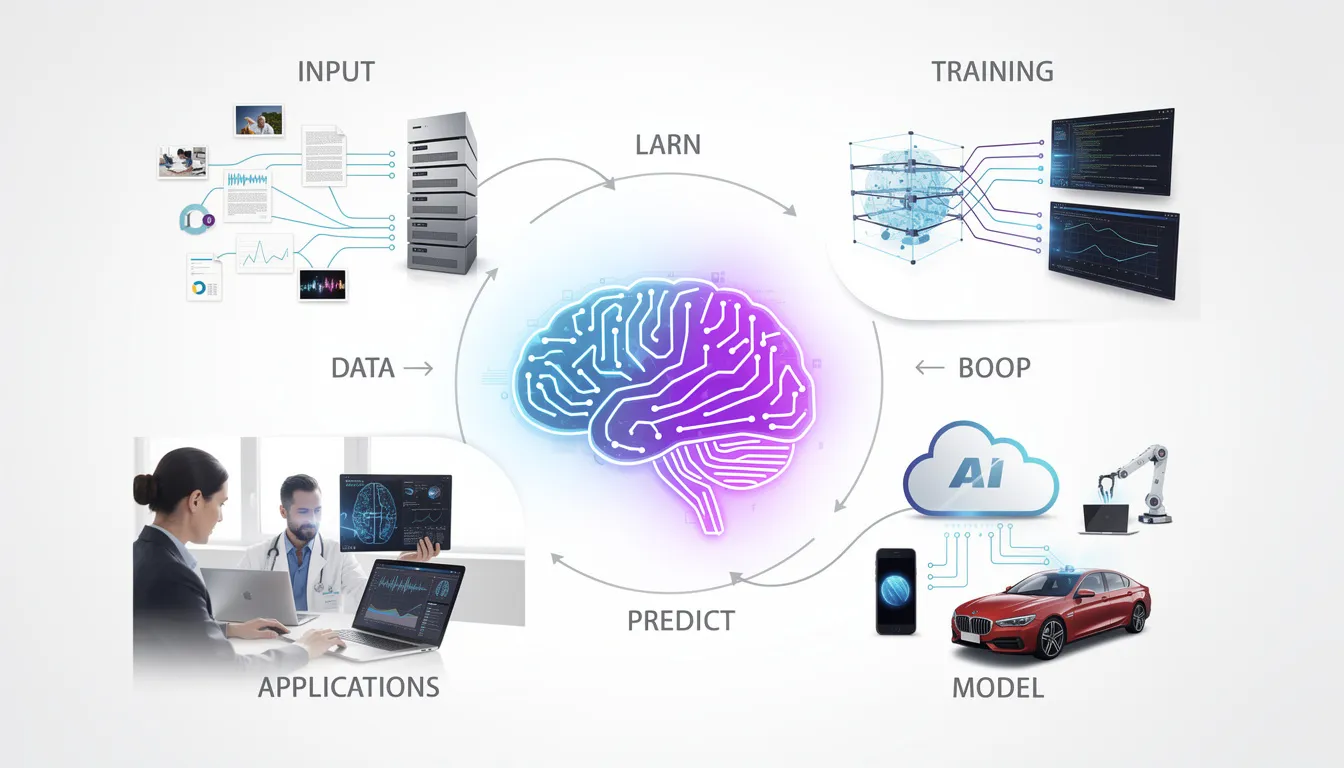 The image illustrates how AI works by showcasing a search results page filled with blue links, featuring Google's AI overviews and generative AI tools that provide users with AI-generated summaries and answers to complex questions. It highlights the technology's ability to rank websites and offer greater diversity in search results, allowing users to access authoritative sources in multiple languages.