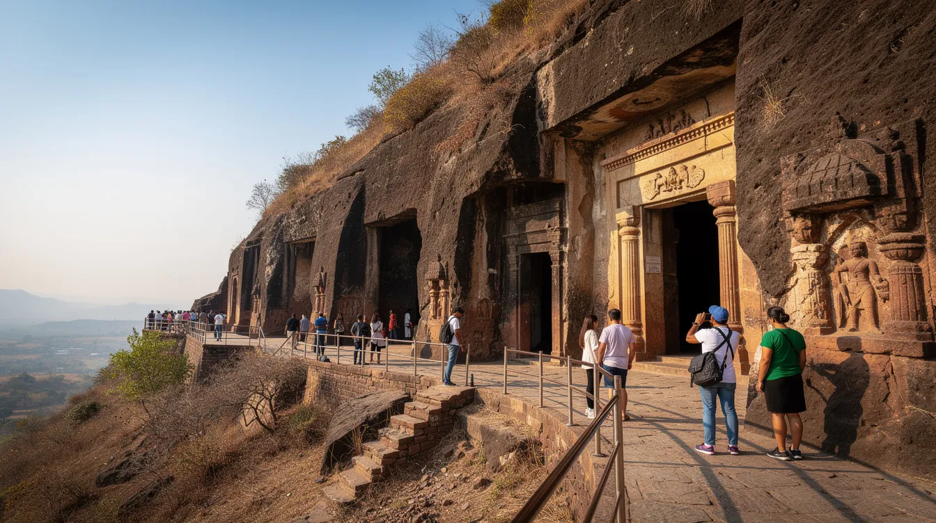 The image depicts ancient rock-cut caves intricately carved into a hillside, with tourists leisurely walking along well-defined pathways, exploring the historical site. This scene highlights the intersection of culture and tourism, which can inspire various small business ideas in Maharashtra, such as guided tours or local artisan crafts.