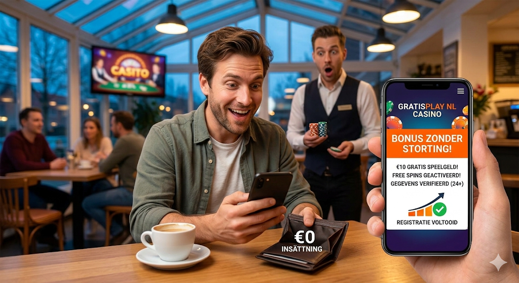 Speler claimt een casino bonus zonder storting via smartphone bij een legaal Nederlands casino – voorbeeld van no deposit bonus casino met gratis bonus, €0 storting, welkomstbonus en informatie over bonusgeld en snelle uitbetalingen.