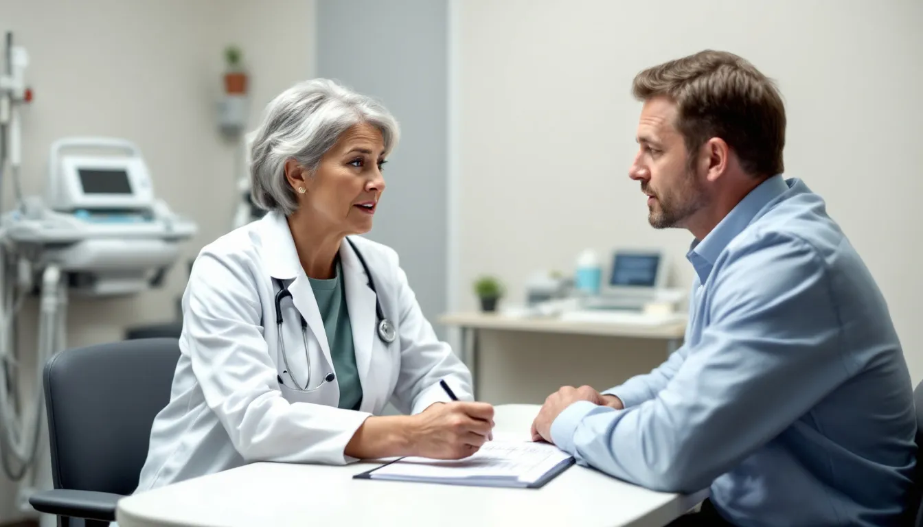A healthcare provider is seated at a desk, discussing various dietary supplements with a patient to help manage arthritis symptoms such as joint pain and stiffness. The conversation includes options like glucosamine and chondroitin, emphasizing their potential pain-relieving effects and benefits for joint health in conditions like knee osteoarthritis.
