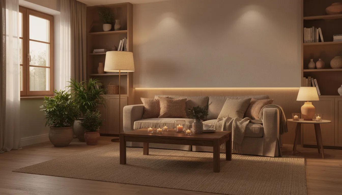The image depicts a cozy living space featuring natural materials and layered lighting, including table lamps and a floor lamp that enhance the room's ambiance. Soft textures, wooden tones, and indoor plants add character to the decor, creating a welcoming atmosphere for any home.