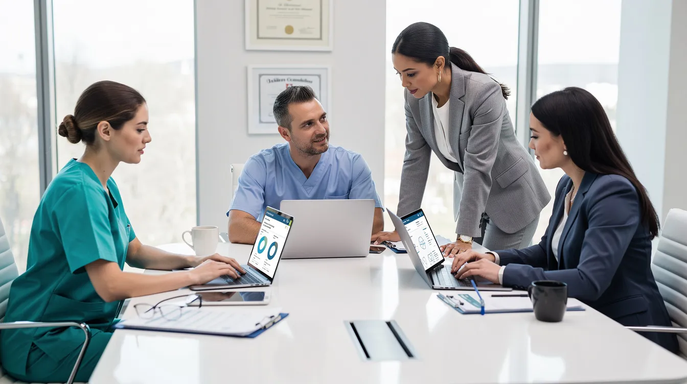 A dental office team is gathered around laptops, reviewing secure billing workflows to ensure compliance with dental billing laws and effective compliance programs. They focus on accurate documentation and coding to prevent claim denials and maintain accountability in their dental practices.